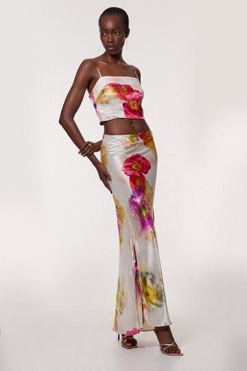 Multi Floral Viscose Satin Woven Top And Skirt Set