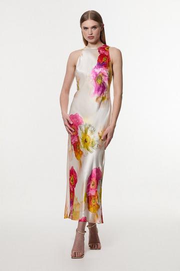 Floral Satin Woven Column Maxi Dress floral