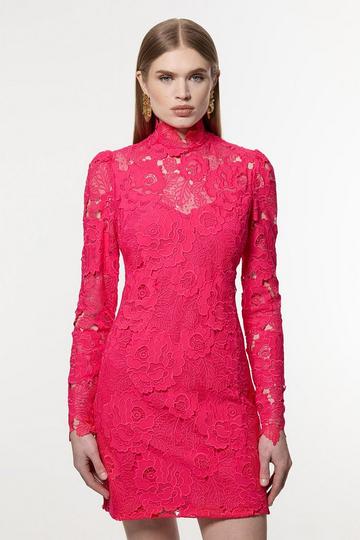 Guipure Lace V Neck Woven Mini Dress fuchsia