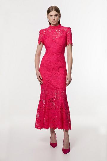 Guipure Lace High Neck Woven Midi Dress fuchsia