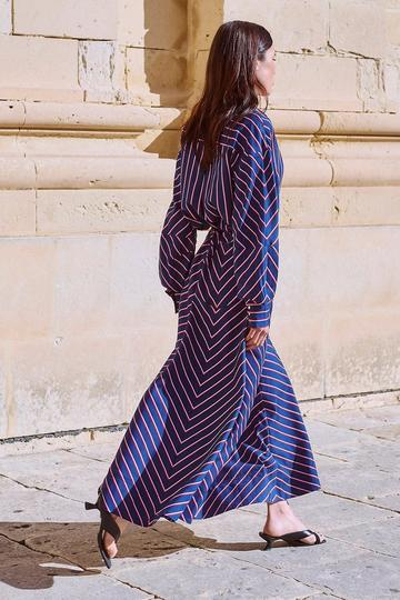 Navy Cotton Stripe Full Midi Skirt