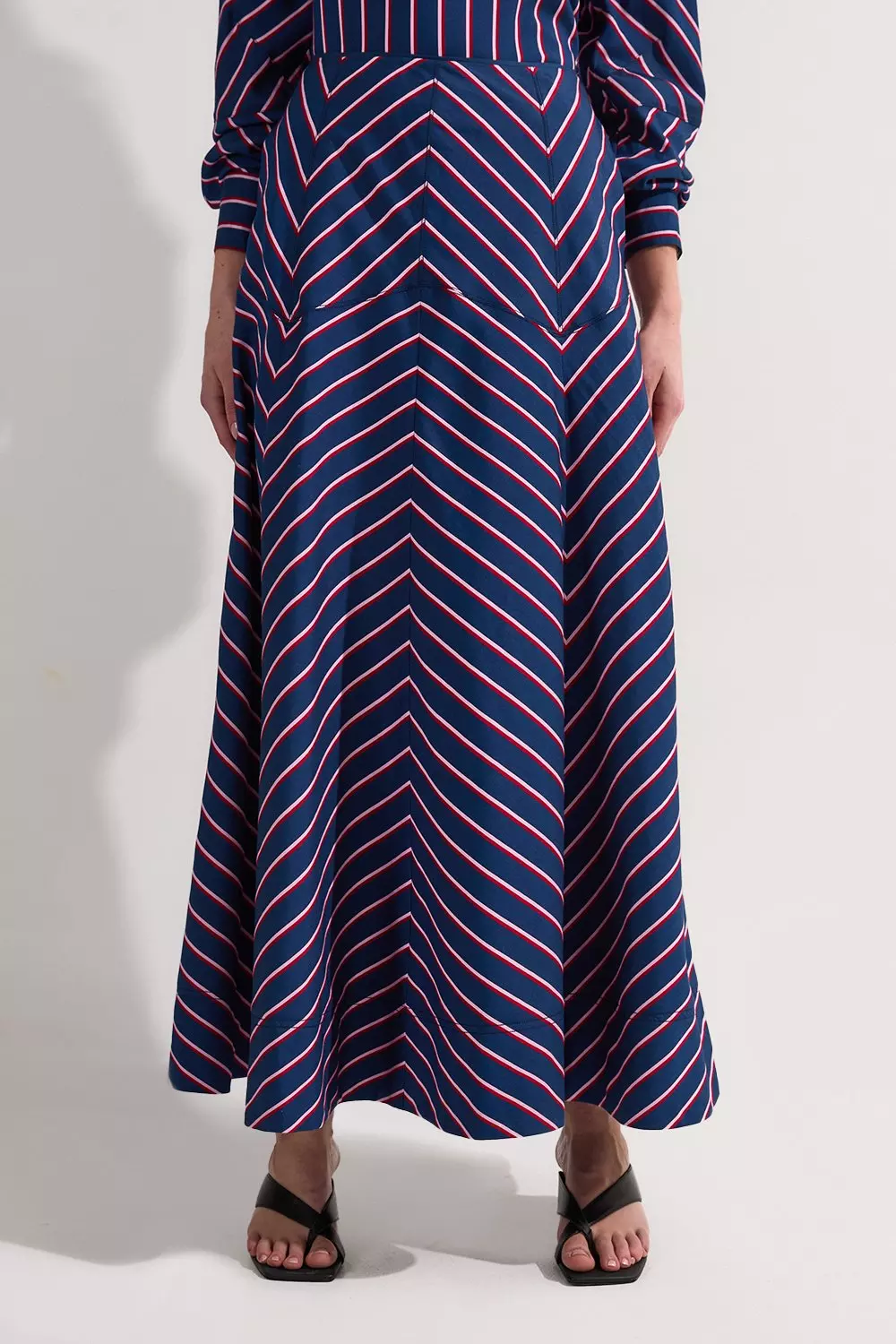 Navy Cotton Stripe Full Midi Skirt alternative image