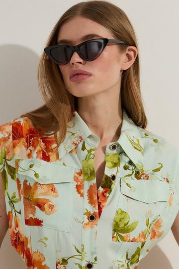 Multi Premium Viscose Linen Floral Topstitch Woven Blouse With Waist Seam Detail