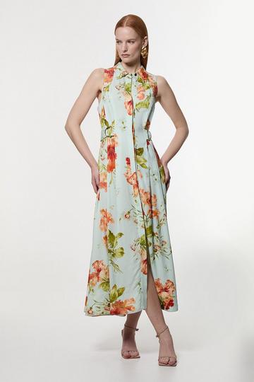 Premium Viscose Linen Floral Topstitch Halter Neck Woven Midi Dress With D Ring Detail floral