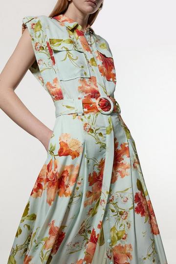 Premium Viscose Linen Floral Belted Woven Midi Dress With Gold Hardware Detail floral