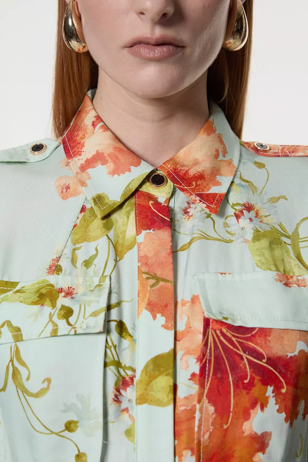 Premium Viscose Linen Floral Belted Woven Midi Dress With Gold Hardware Detail alternative image