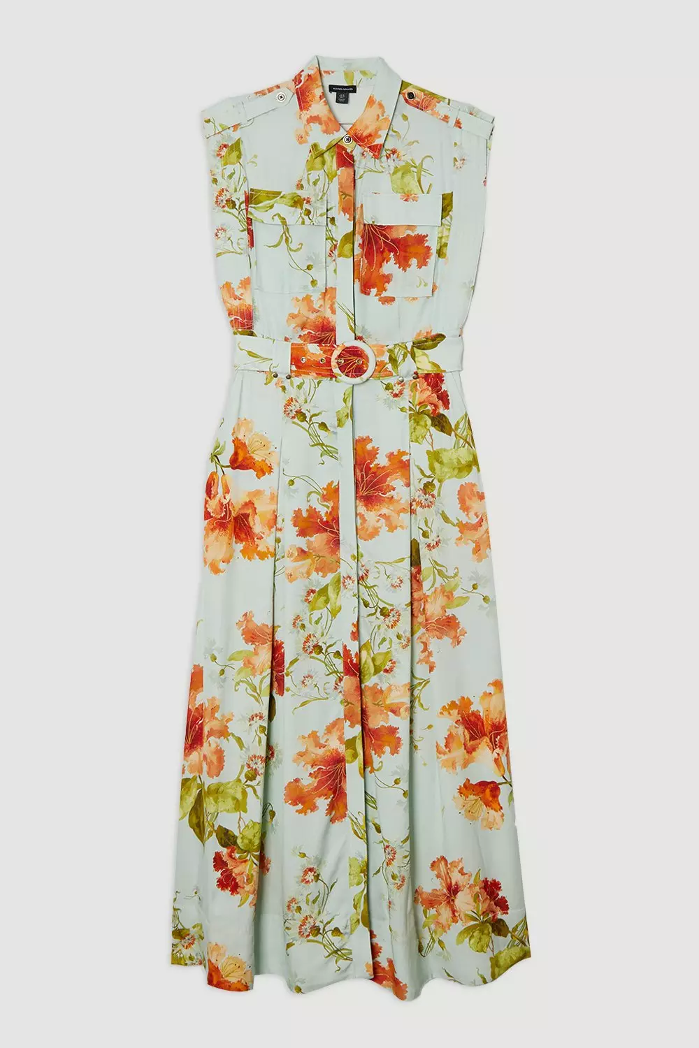 Premium Viscose Linen Floral Belted Woven Midi Dress With Gold Hardware Detail alternative image