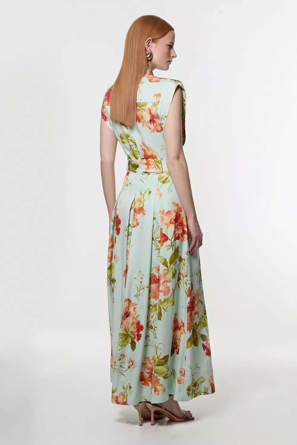 Premium Viscose Linen Floral Belted Woven Midi Dress With Gold Hardware Detail alternative image