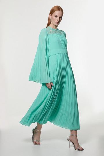 Soft Pleated Woven Kimono Sleeve Maxi Dress turquoise