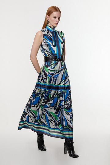 Floral Printed Woven Sleeveless Tie Neck Maxi Dress blue