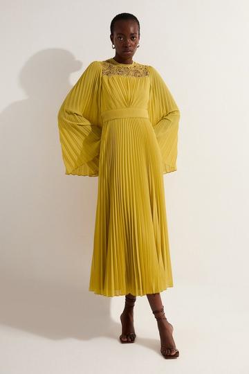 Soft Pleated Lace Detail Woven Kimono Sleeve Maxi Dress mustard