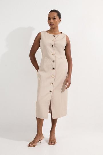 Plus Size Viscose Linen Tailored Statement Button Front Pencil Midi Dress champagne