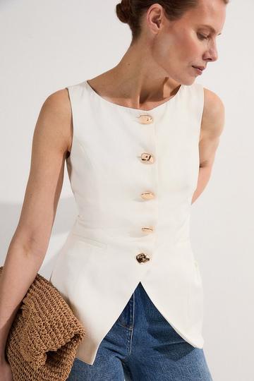 Petite Viscose Linen Tailored Statement Button Front Waistcoat ivory