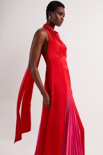 Red Drama Halter Pleat Insert Woven Maxi Dress