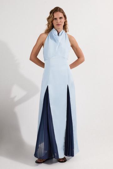 Blue Drama Halter Pleat Insert Woven Maxi Dress