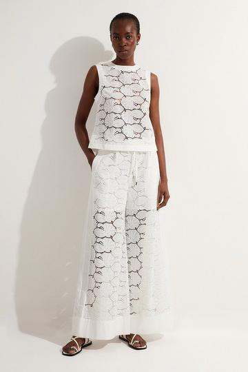 White Tall Cotton Cutwork Panelled Woven Wide Leg Trouser