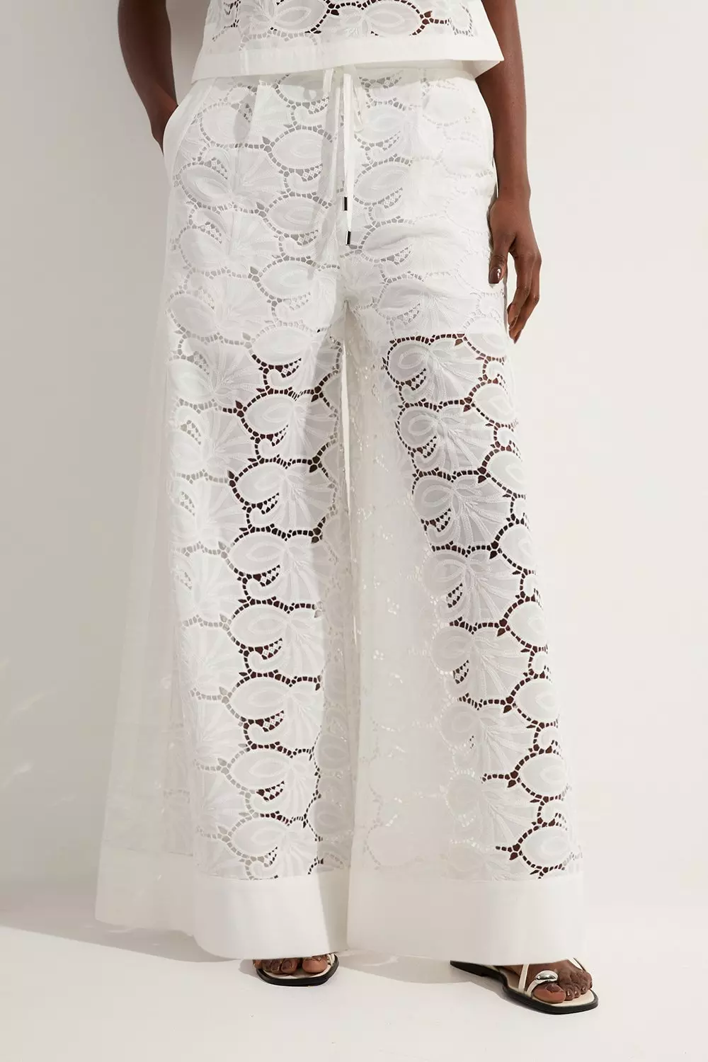 Cotton Cutwork Panelled Woven Wide Leg Trouser | Karen Millen
