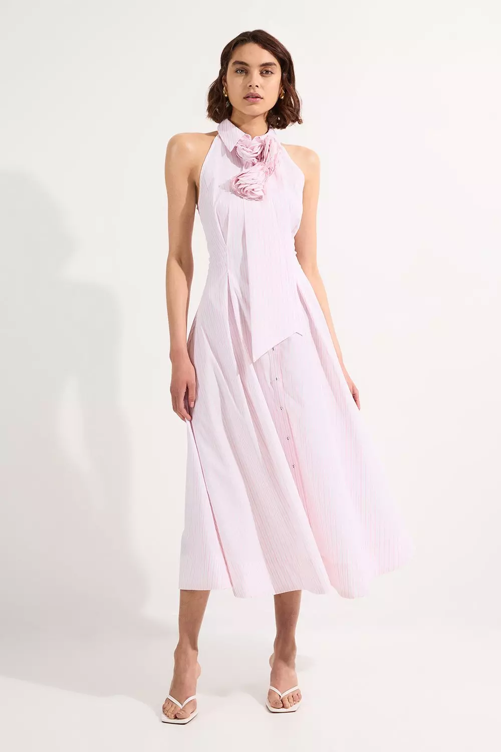 Stripe Cotton Woven Sleeveless Shirt Maxi Dress With Rosette
