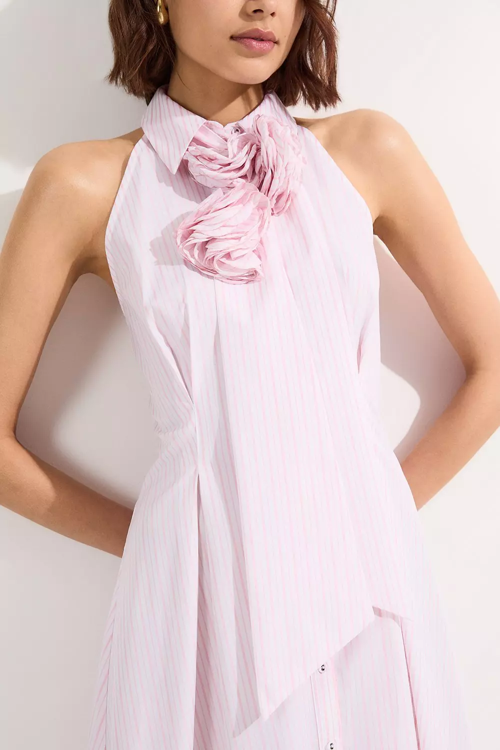 Stripe Cotton Woven Sleeveless Shirt Maxi Dress With Rosette