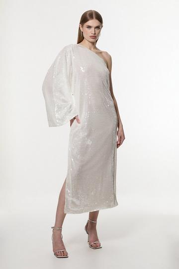 White Liquid Shine One Shoulder Woven Sequin Dress