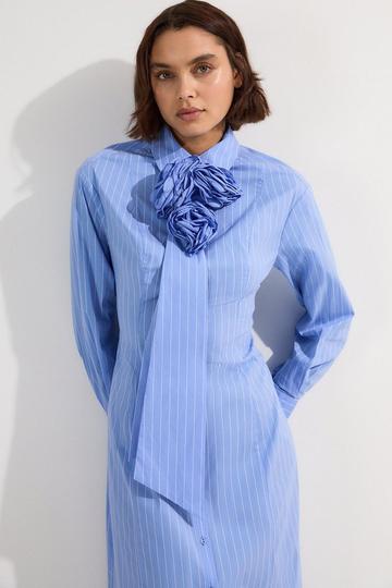 Stripe Cotton Rosette Woven Shirt Maxi Dress blue