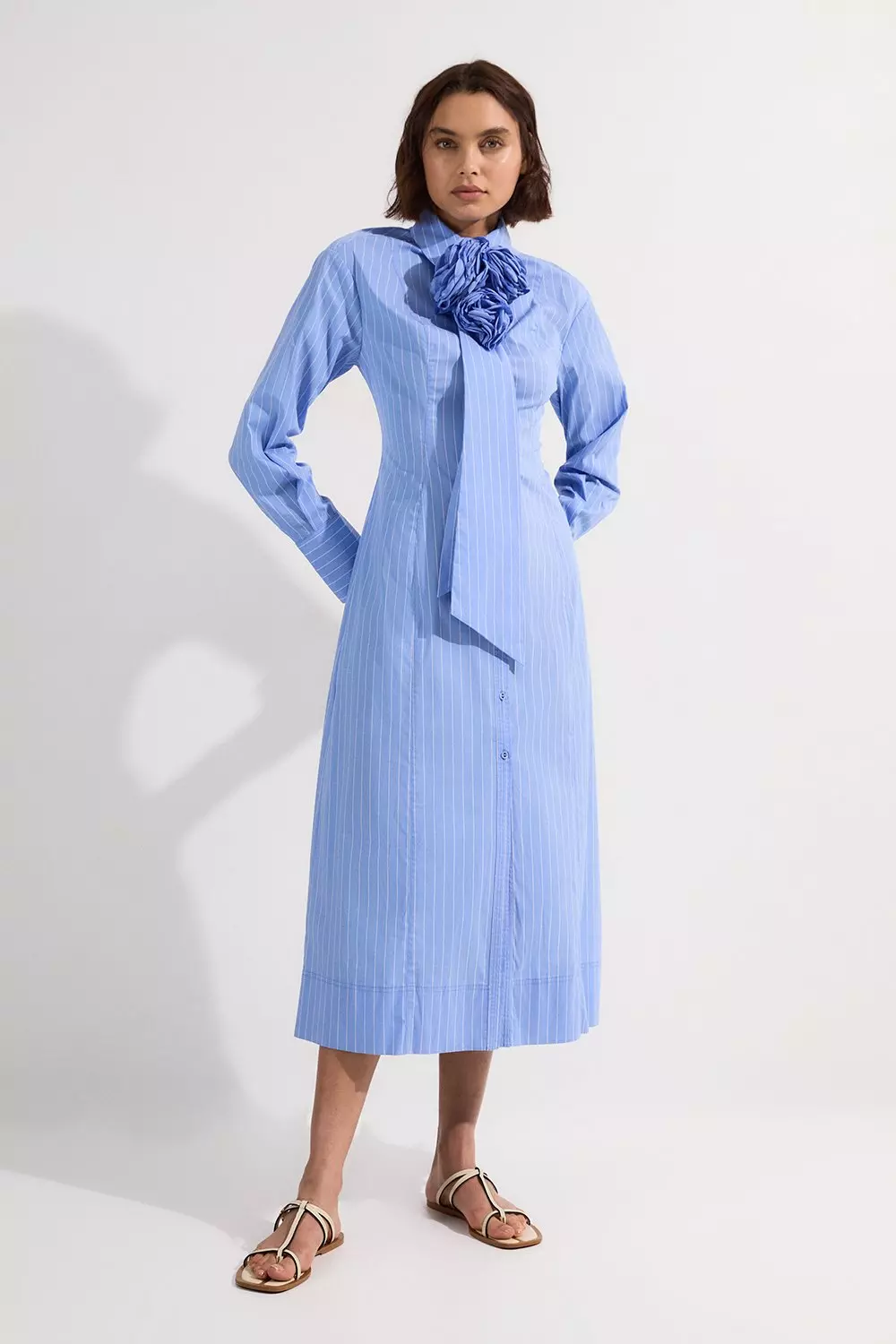 ★Karen Millen ストライプコットンｘロゼッテ 魅惑的マキシ★ Stripe Cotton Rosette Woven Shirt Maxi Dress | Karen Millen