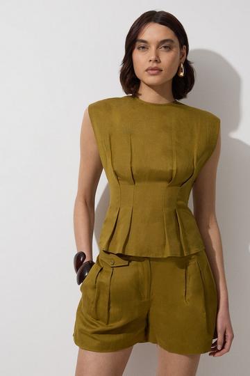 Khaki Viscose Linen Pintuck Woven Top