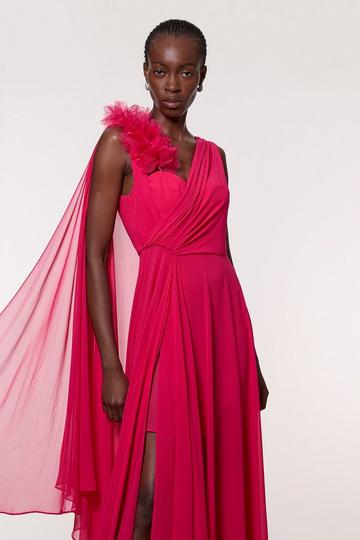 Georgette Pleated Bustier Cape Back Woven Maxi Dress fuchsia