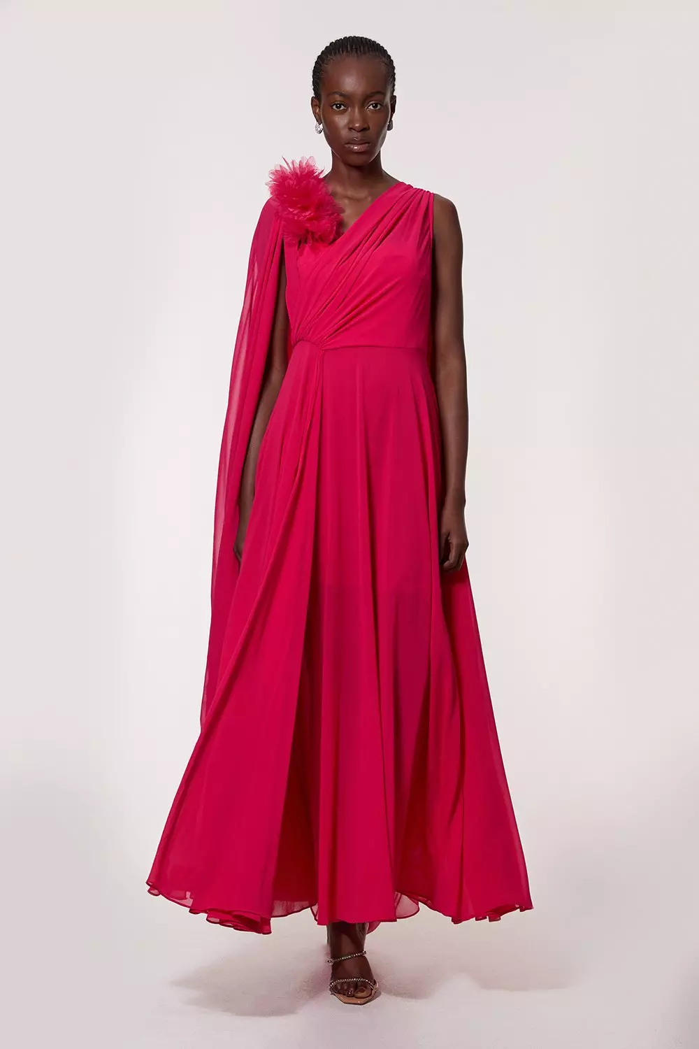 Georgette Pleated Bustier Cape Back Woven Maxi Dress | Karen