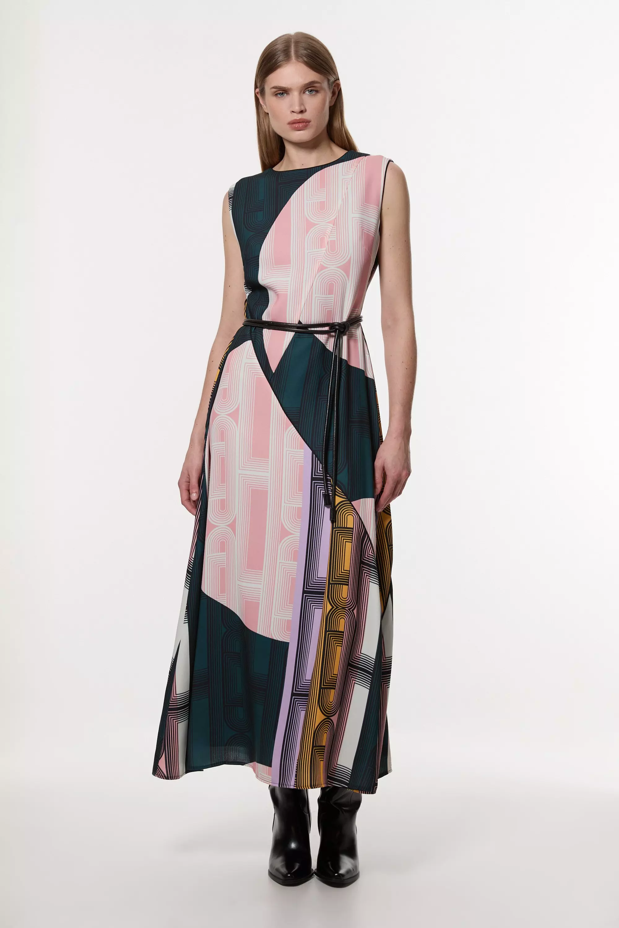 ◆KAREN MILLEN◆ Amelia Grahamテーラードカラーブロックドレス Amelia Graham Soft Tailored Print Placement Full Midaxi