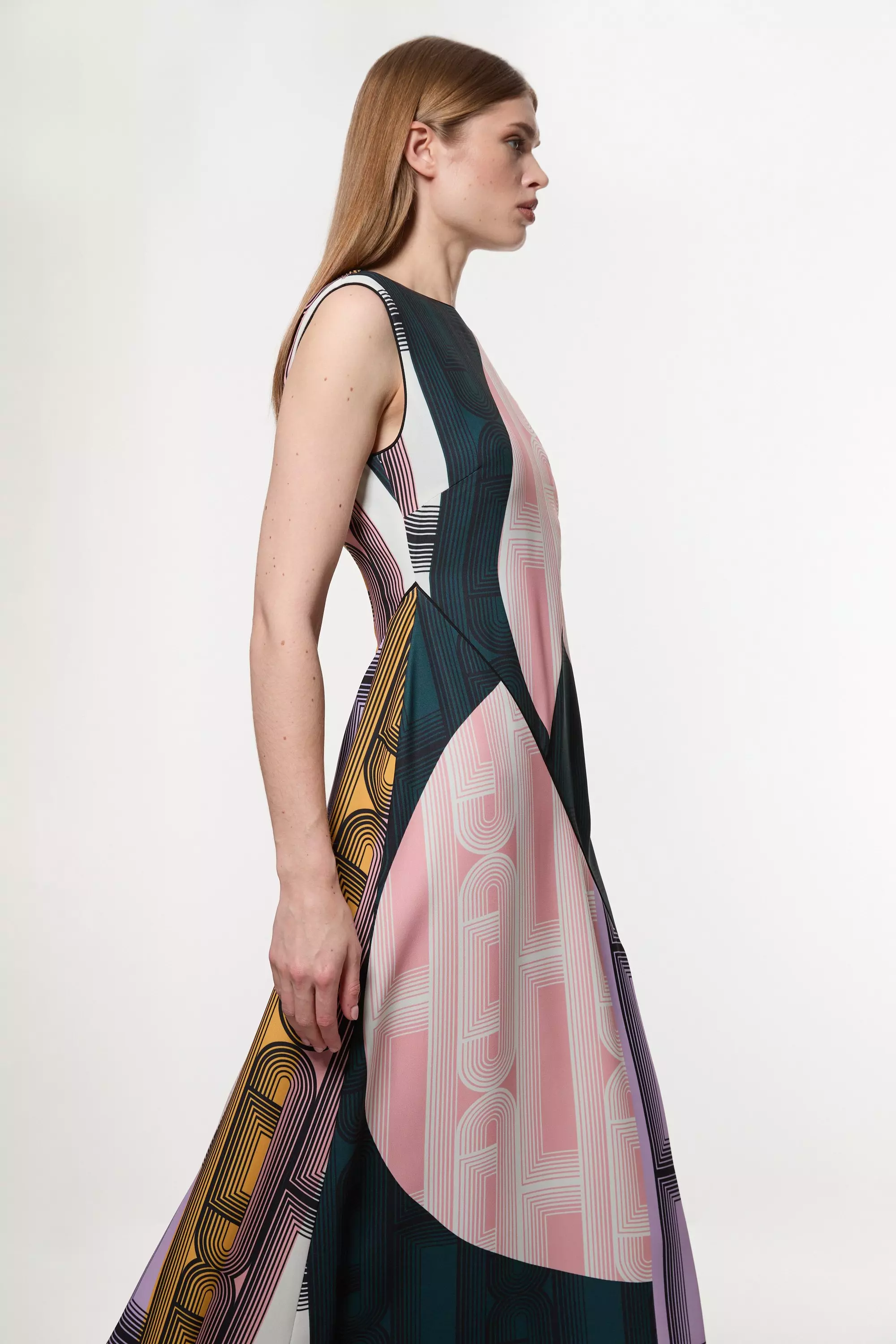 ◆KAREN MILLEN◆ Amelia Grahamテーラードカラーブロックドレス Amelia Graham Soft Tailored Print Placement Full Midaxi