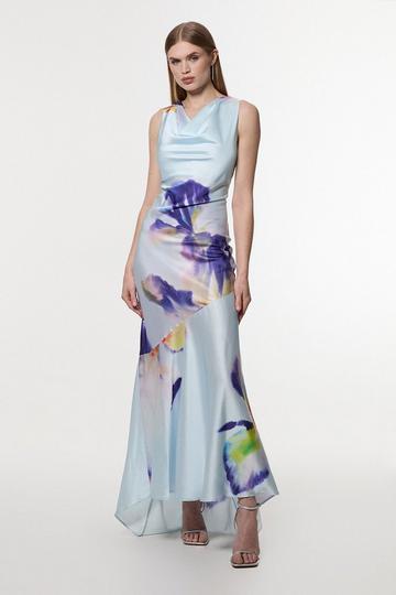 Floral Multi Petite Hammered Satin Cowl Neck Woven Maxi Dress