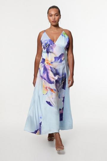 Floral Multi Plus Size Hammered Satin Deep V Strappy Woven Maxi Dress