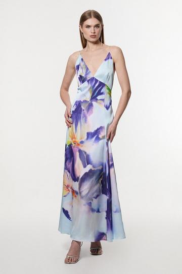 Hammered Satin Deep V Strappy Woven Maxi Dress floral