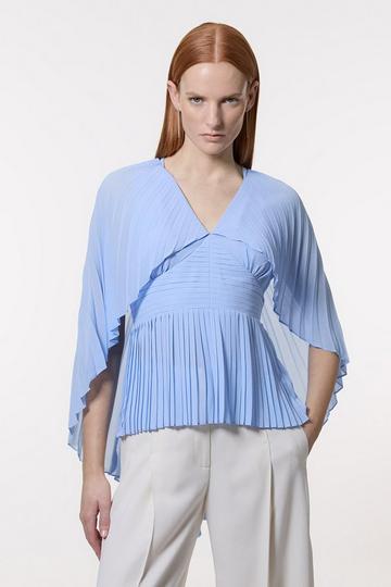 Pleated Cape Sleeve Plunge Neck Top blue