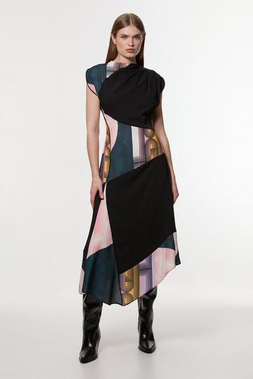 Amelia Graham Petite Soft Tailored Color Block Printed Midi Dress multi