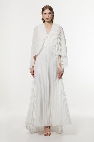 Pleated Cape Sleeve Plunge Neck Maxi Dress ivory