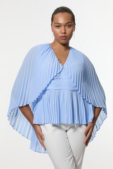 Blue Plus Size Pleated Cape Sleeve Plunge Neck Top