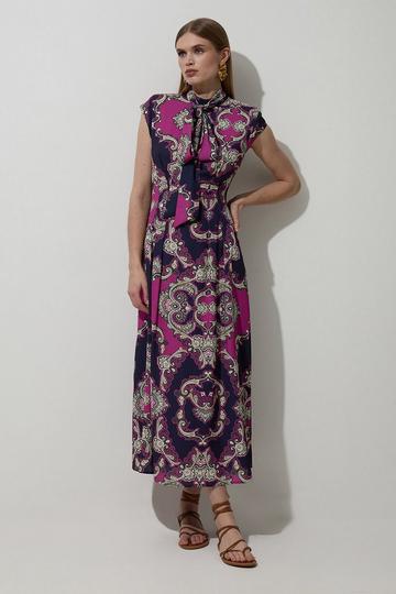 Tall Tile Print Georgette Woven Sleeveless Pleated Maxi Dress multi