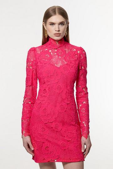 Tall Guipure Lace V Neck Woven Mini Dress fuchsia