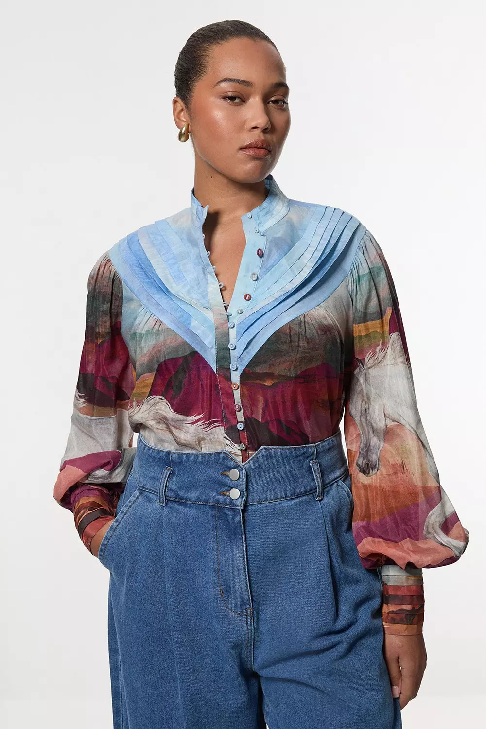 Blue Plus Size Silk Cotton Stallion Print Pin Tuck Woven Blouse  alternative image