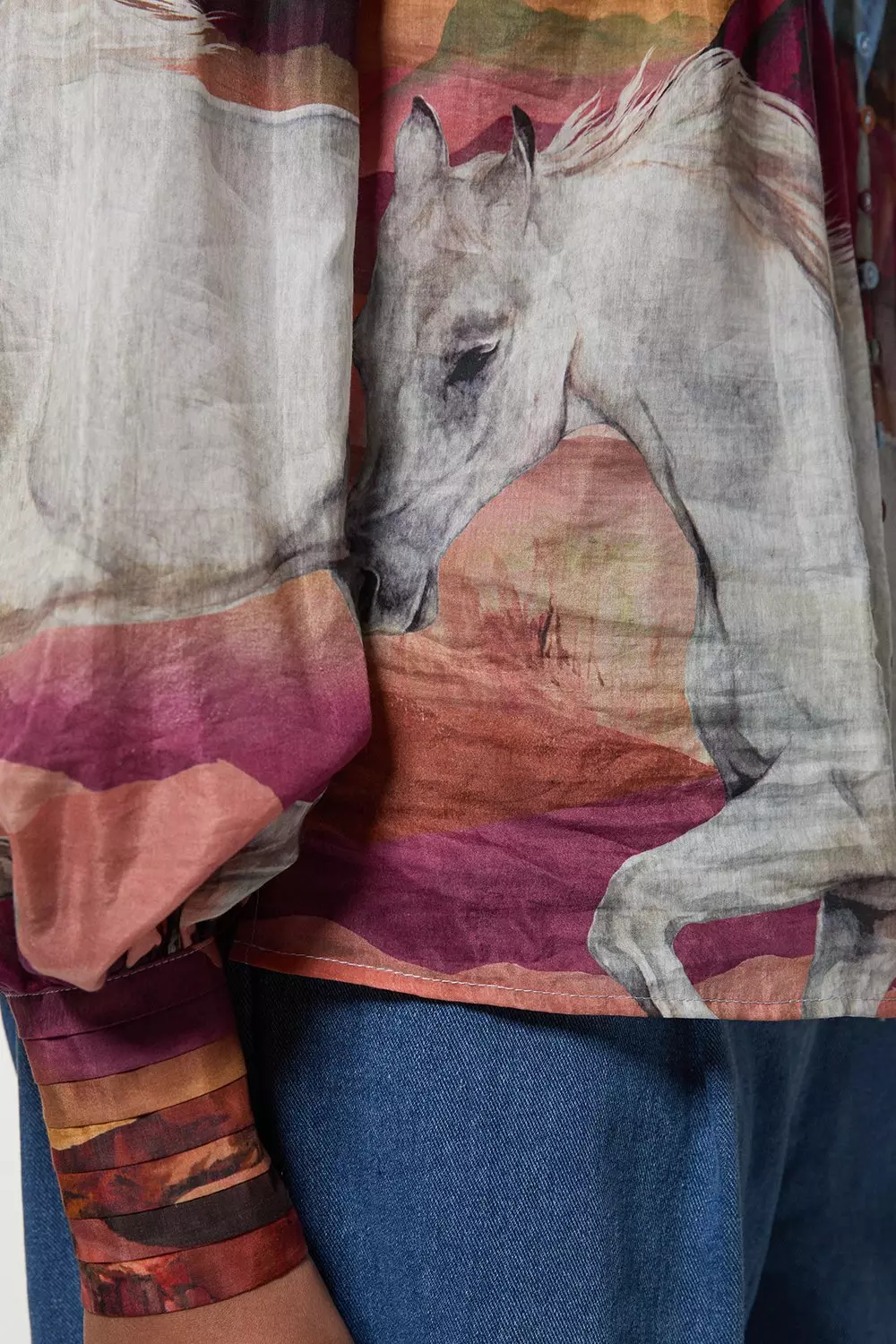 Blue Plus Size Silk Cotton Stallion Print Pin Tuck Woven Blouse  alternative image
