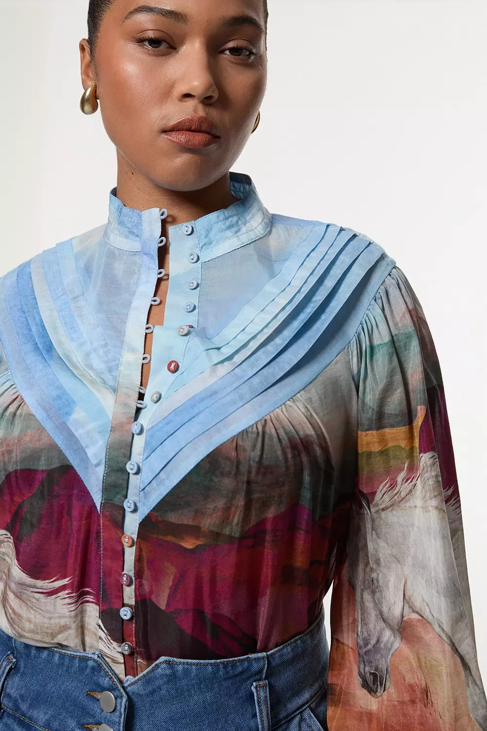 Blue Plus Size Silk Cotton Stallion Print Pin Tuck Woven Blouse  alternative image