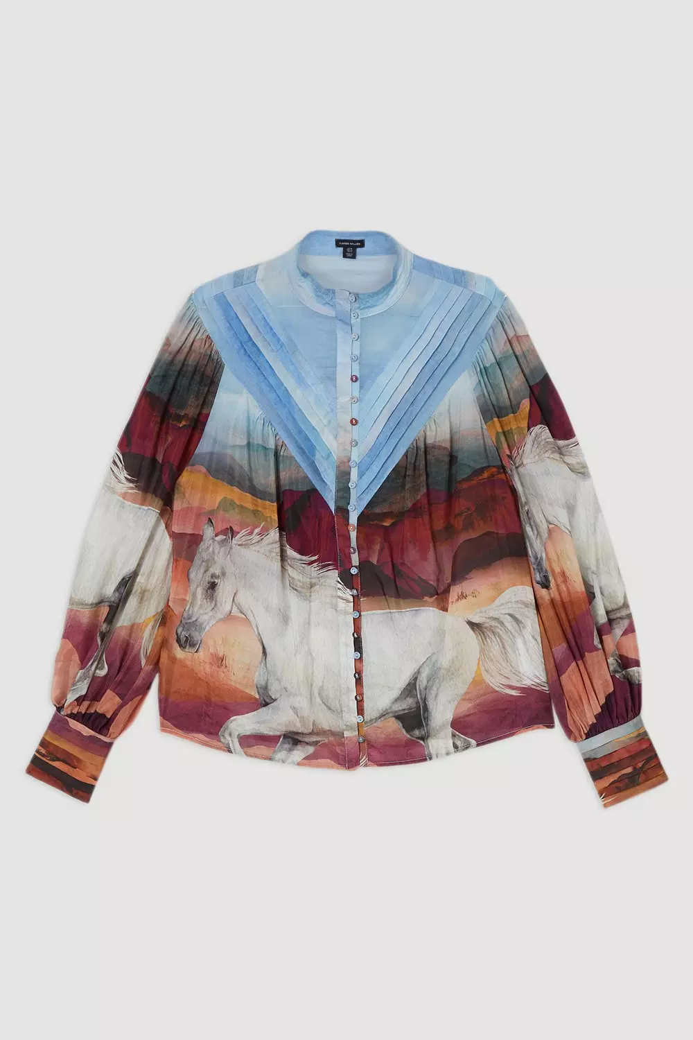 Blue Plus Size Silk Cotton Stallion Print Pin Tuck Woven Blouse  alternative image