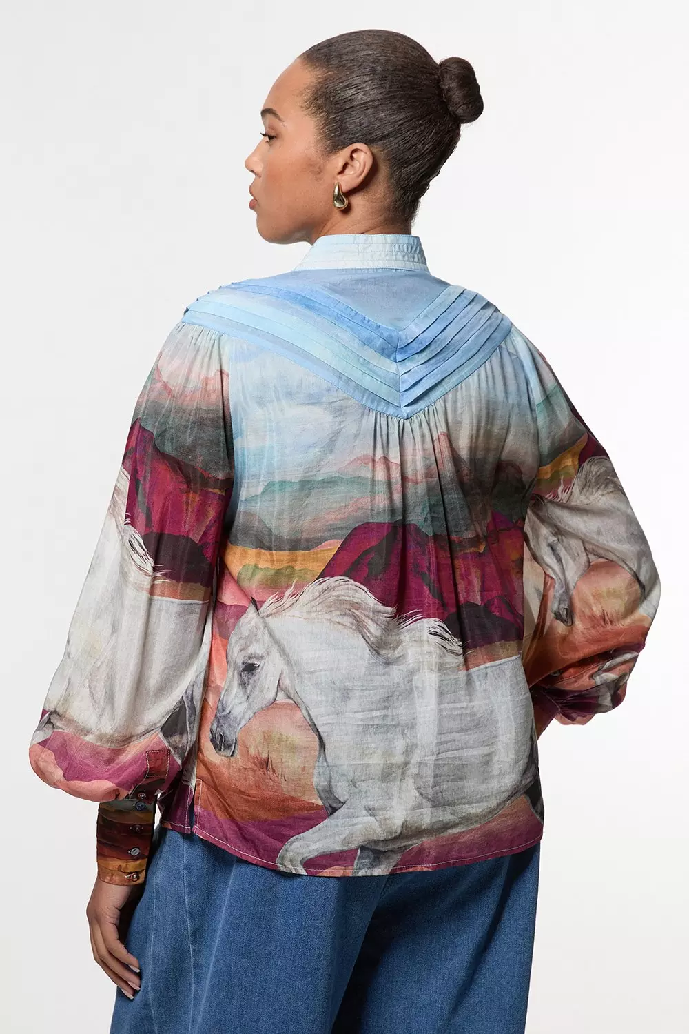 Blue Plus Size Silk Cotton Stallion Print Pin Tuck Woven Blouse  alternative image