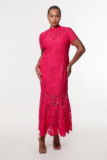 Plus Size Guipure Lace V Neck Woven Midi Dress fuchsia