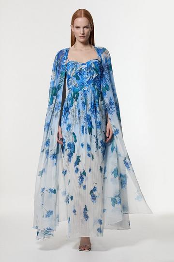 Blue Scattered Floral Print Woven Pleated Cape Maxi Dress