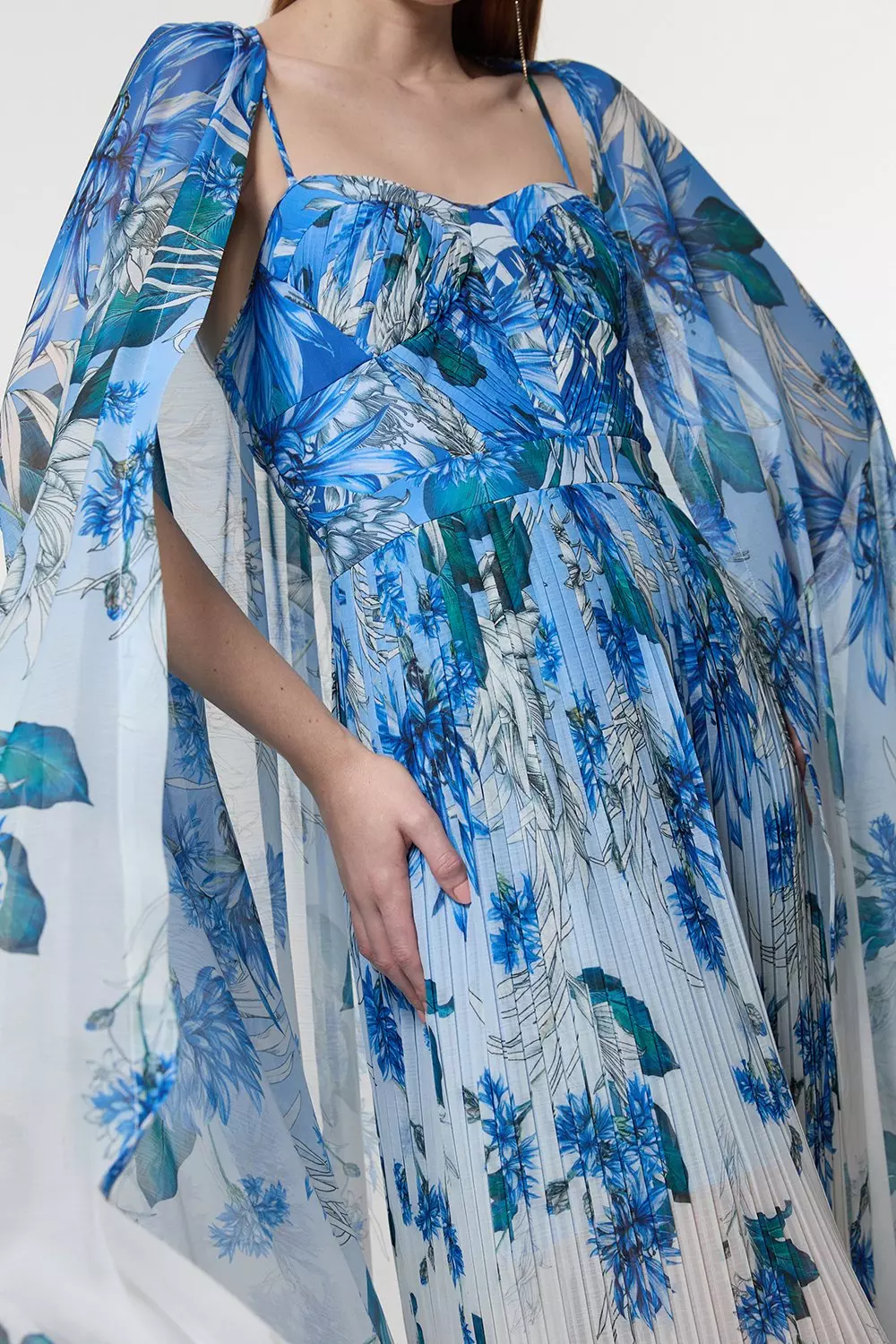 Scattered Floral Print Woven Pleated Cape Maxi Dress | Karen