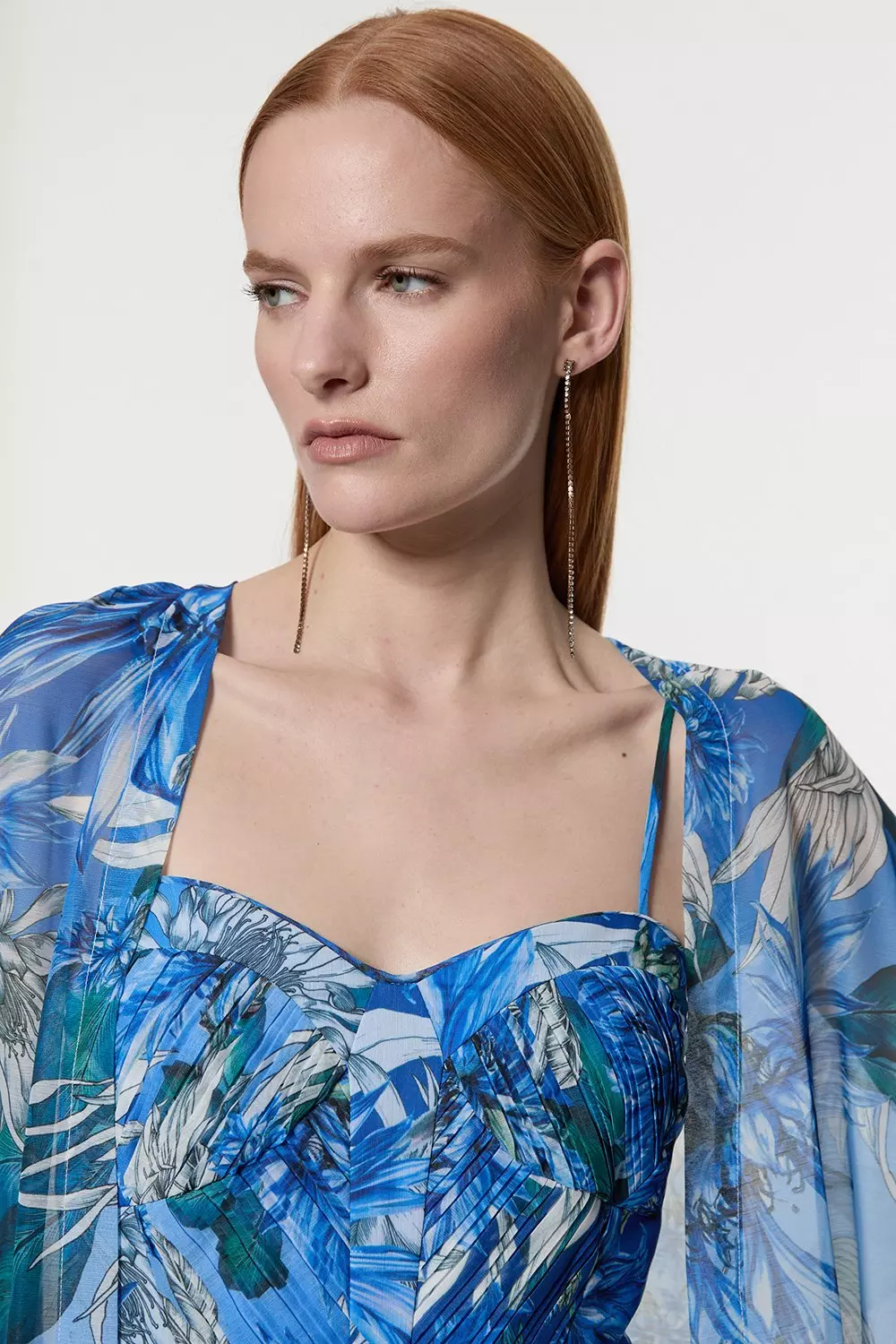 Scattered Floral Print Woven Pleated Cape Maxi Dress | Karen