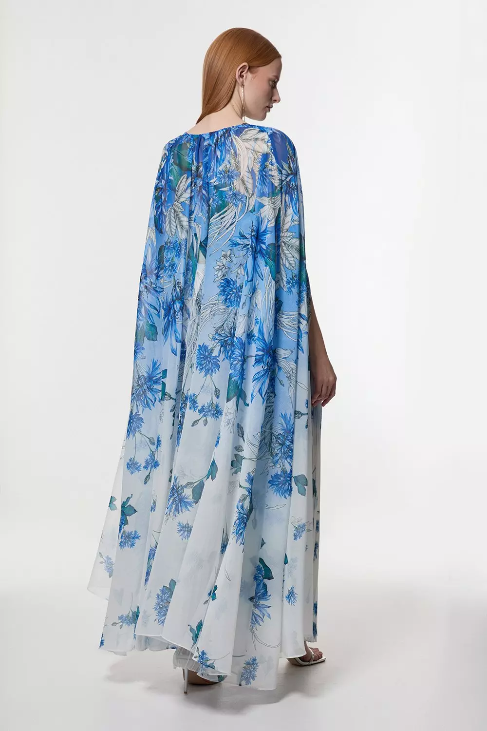 Scattered Floral Print Woven Pleated Cape Maxi Dress | Karen